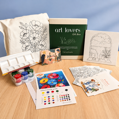 Art Lovers Gift Box with tote and canvas painting projects, illustrated postcards and painting supplies