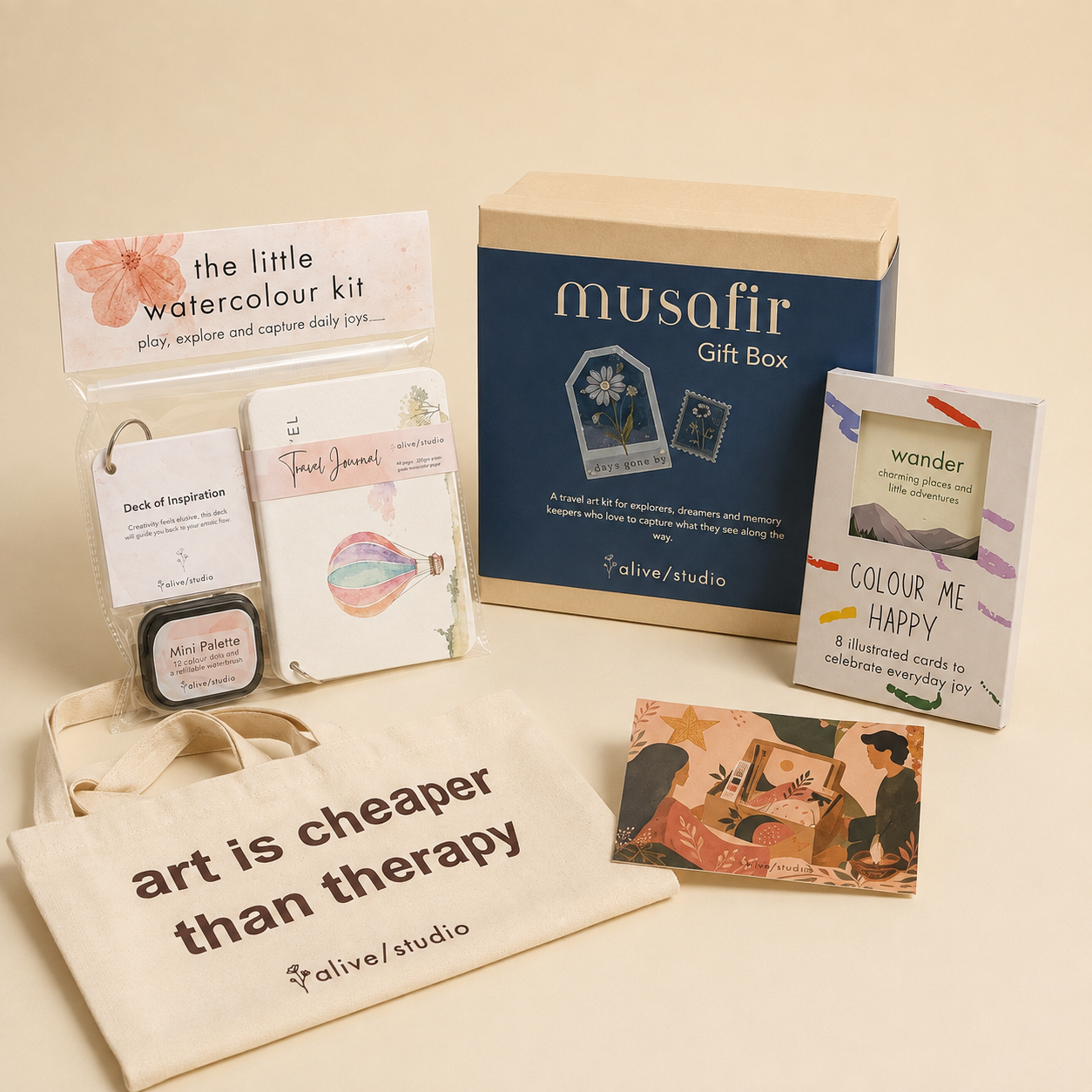 Musafir Gift Box with travel watercolour kit, illustrated postcards and printed cotton tote
