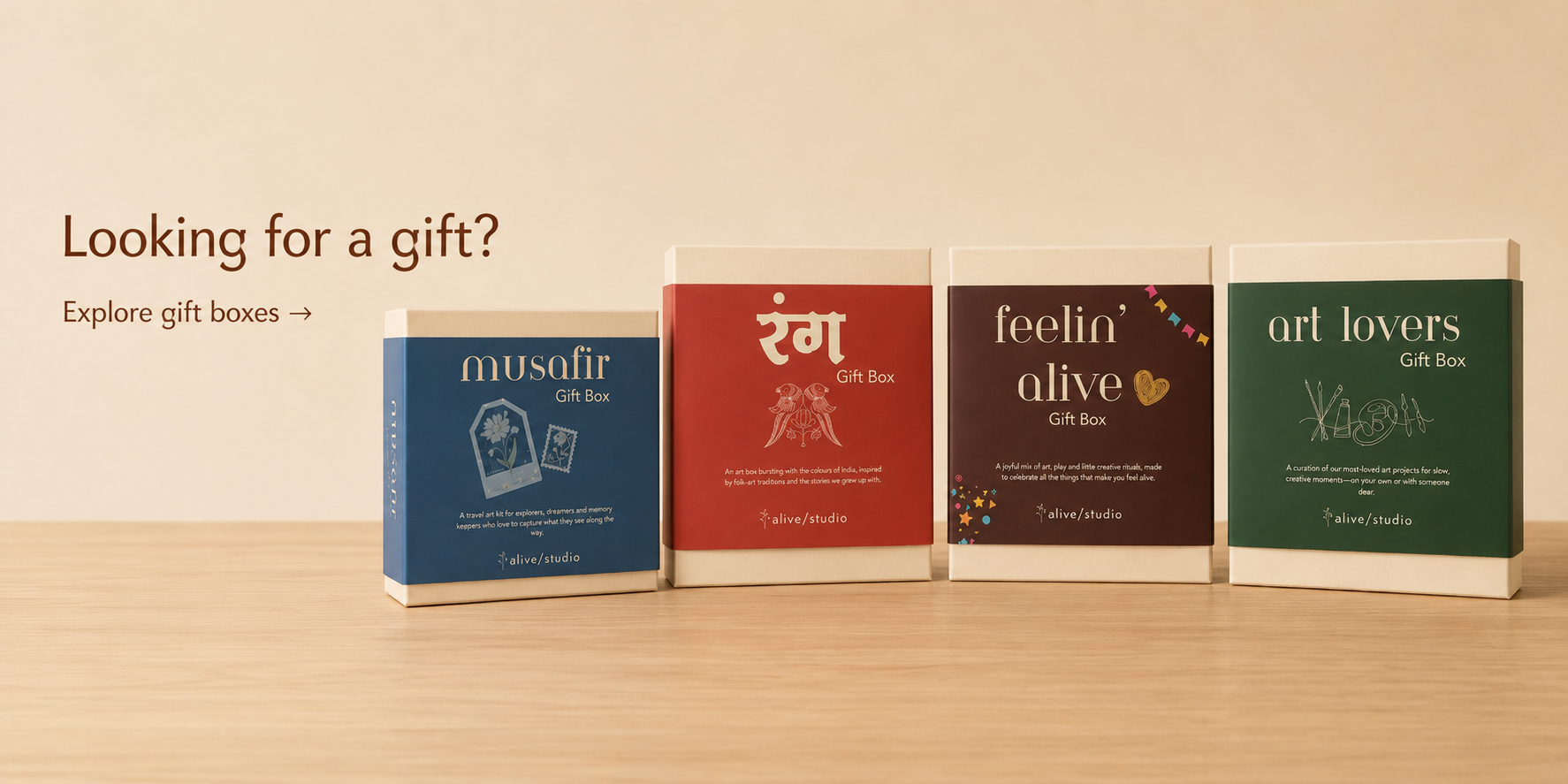 Alive Studio Gifting Edit featuring Musafir, Rang, Feelin' Alive and Art Lovers gift boxes