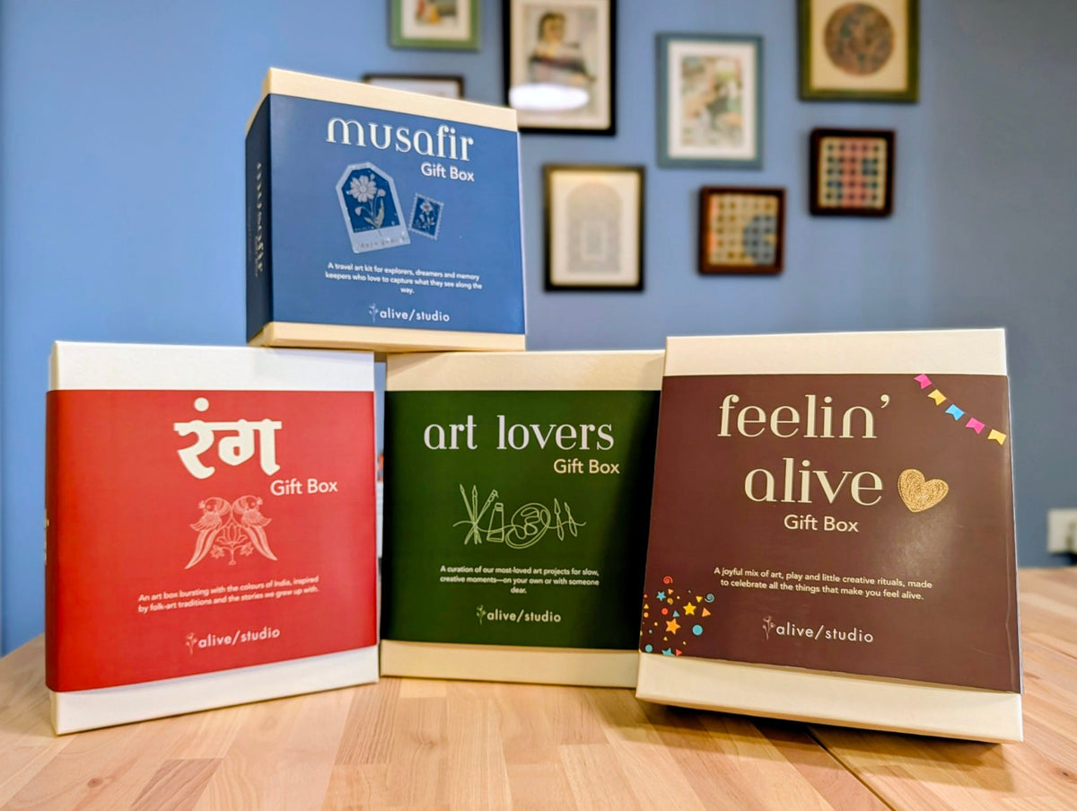 Alive Studio Art Lovers, Musafir, Rang and Feelin' Alive gift boxes displayed together
