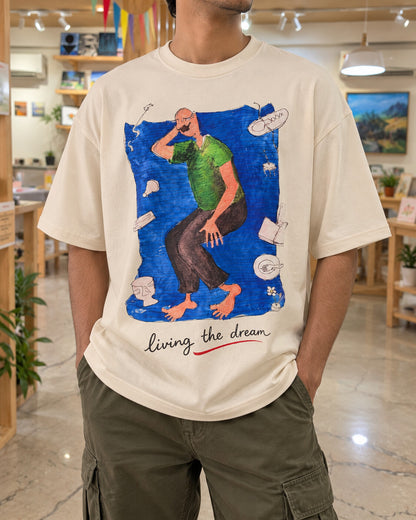 Oversized cream Dream printed T-shirt, worn at Alive Studio