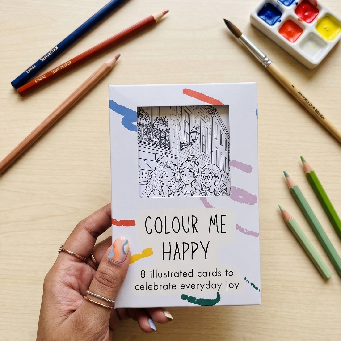 Colour Me Happy illustrated postcard set included in the Art Lovers Gift Box
