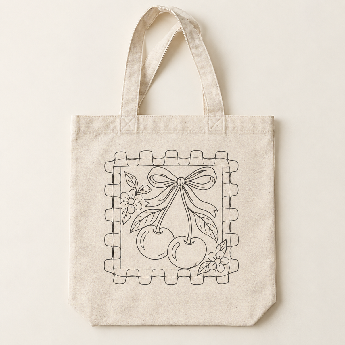 Cherry on Top pre-outlined tote bag before painting