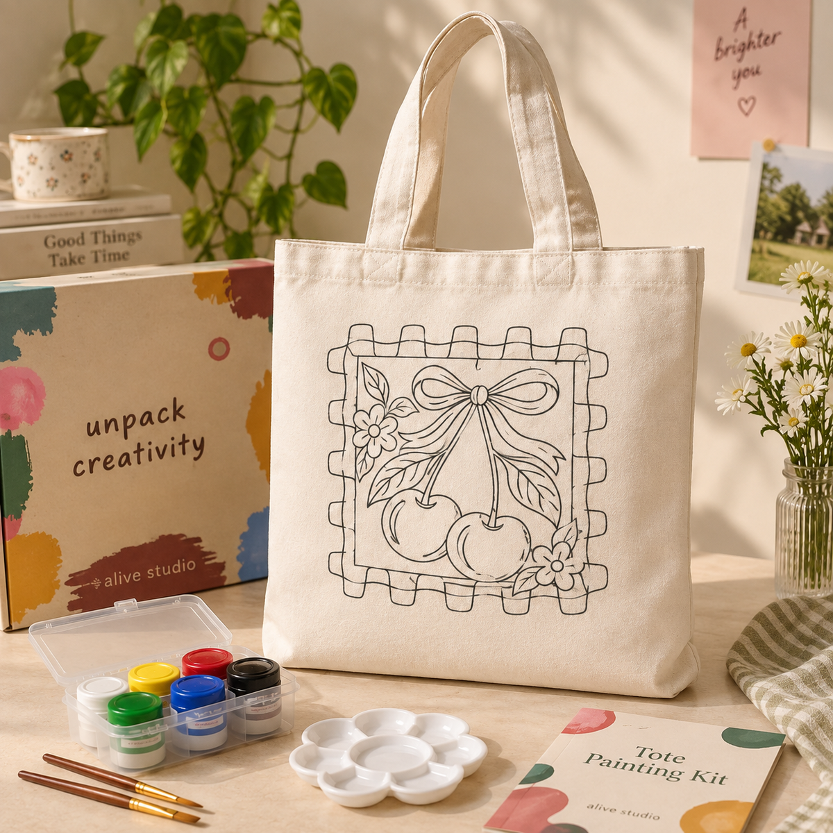 Cherry on Top tote painting kit with paints, brushes and palette