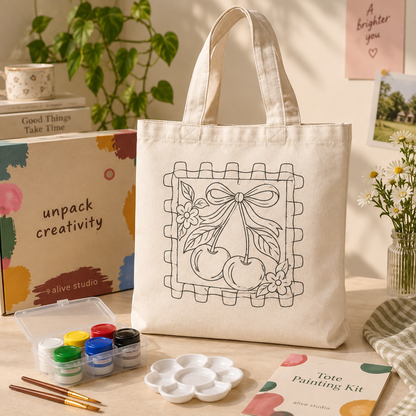 Cherry on Top tote painting kit with paints, brushes and palette