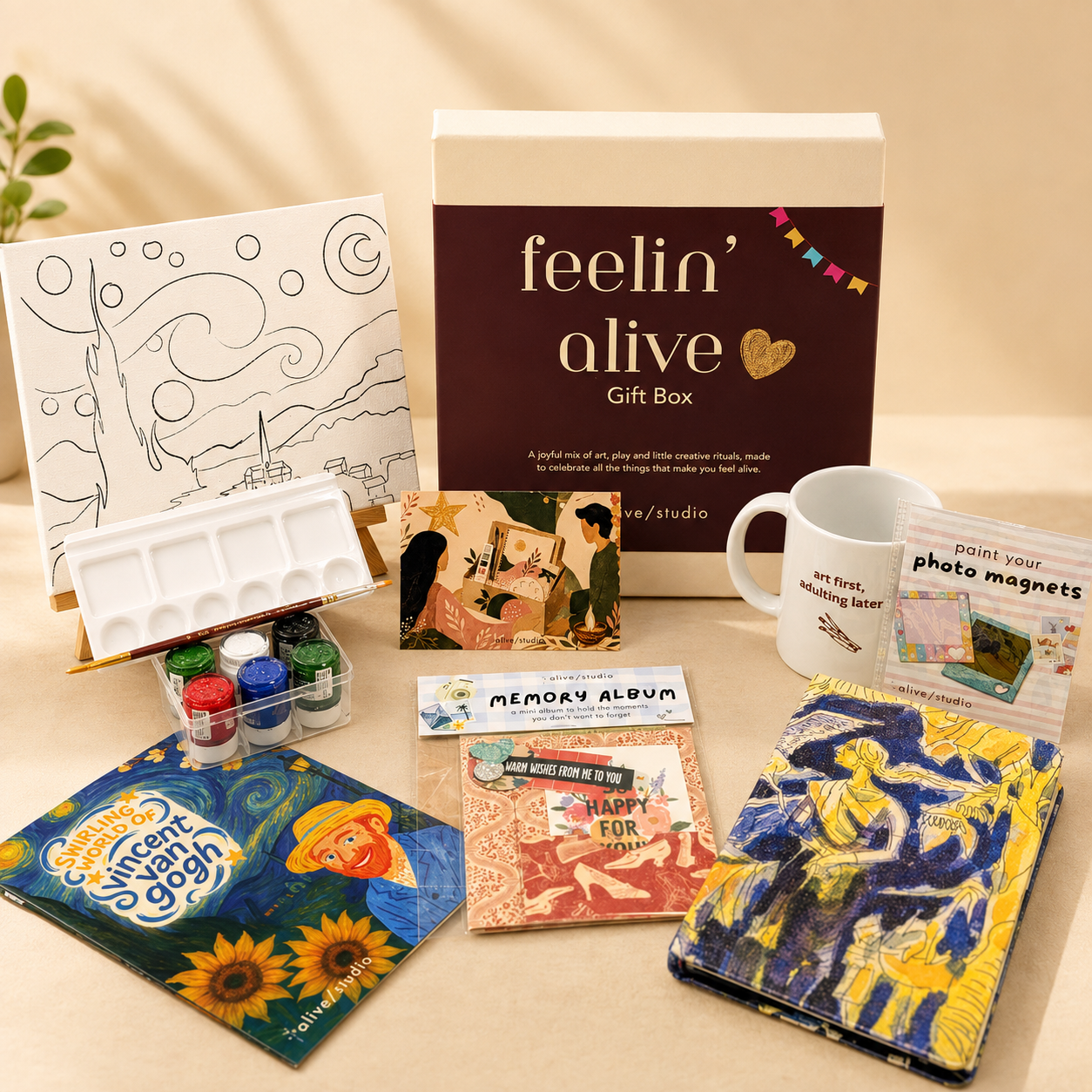Feelin' Alive Gift Box with painting project, Memory Album, Photo Magnets, A5 art journal, mug and painting supplies