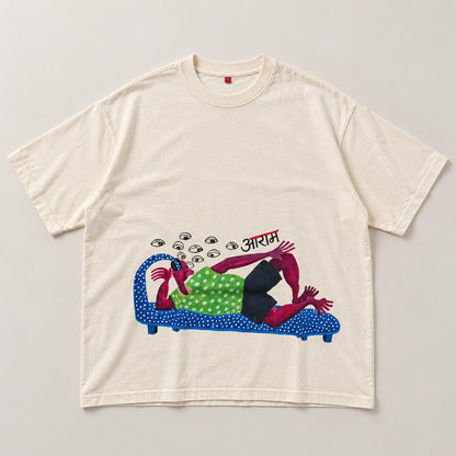 Flat-lay: oversized cream आराम (Aaram) printed T-shirt