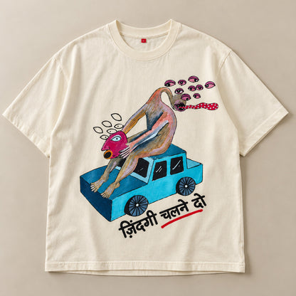 Flat-lay: oversized cream गाड़ी (Gaadi) printed T-shirt