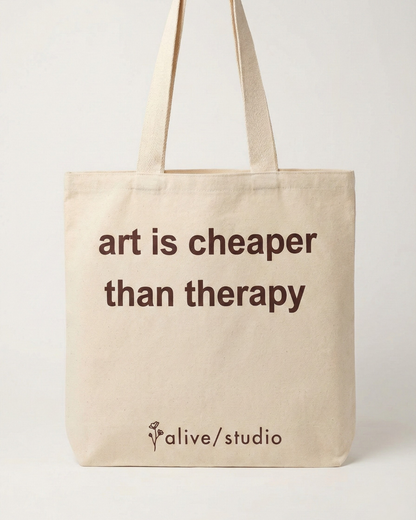 Art is Cheaper Than Therapy cotton tote included in the Musafir Gift Box