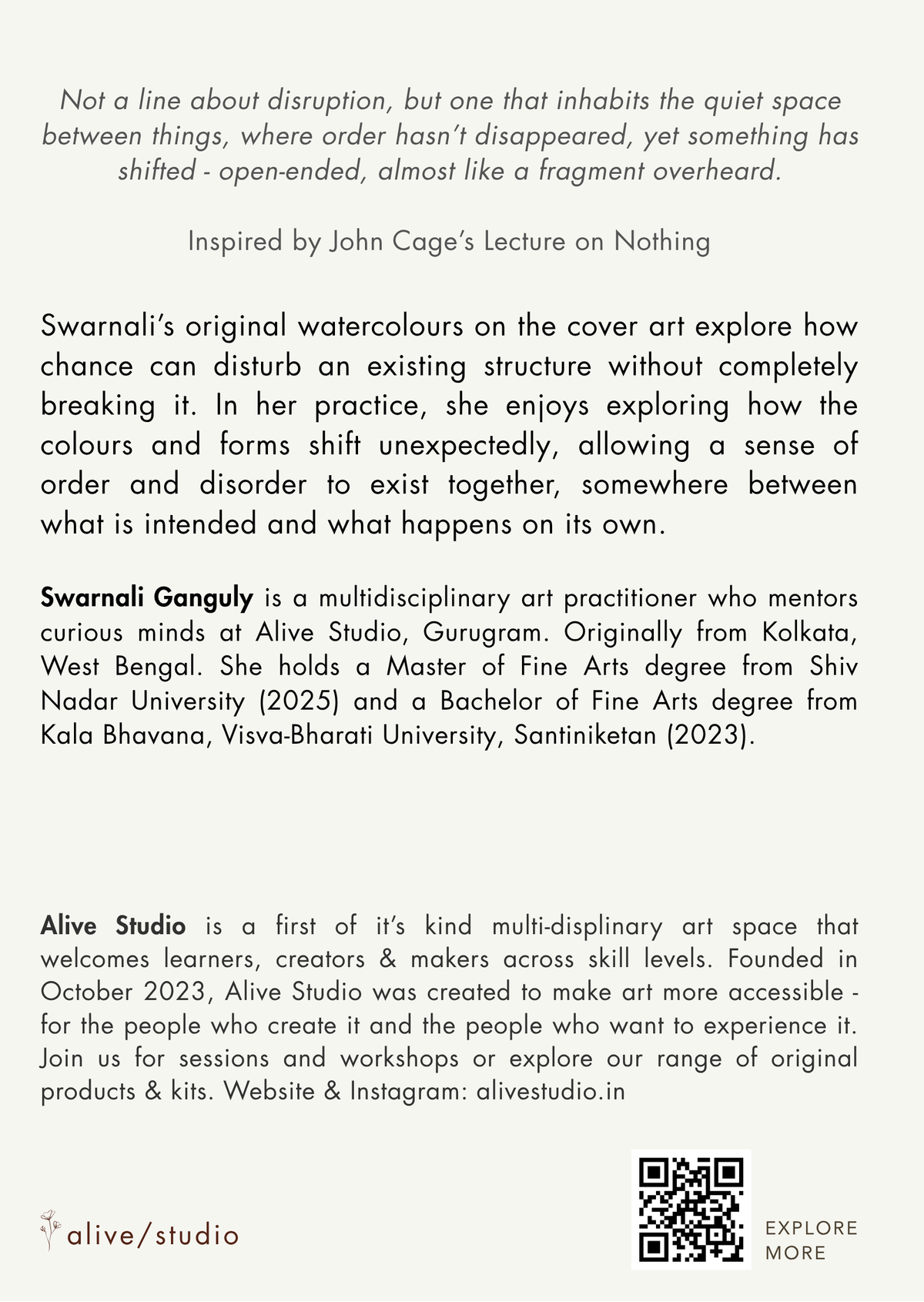 Artist card back: about Swarnali Ganguly's cover art